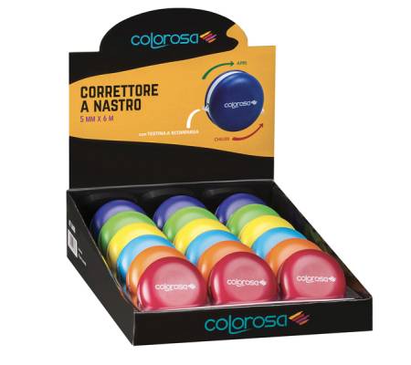 Correttore a nastro 5 mm x 6 mt colori assortiti expo 18 pezzi Colorosa 360010 - 11632