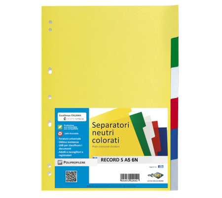 Separatore Record S - 6 tasti - PPL - 15 x 21 cm - A5 - multicolore - Sei Rota 580030