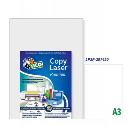 Etichetta in poliestere LP3P - permanente - 297 x 420 mm - 1 etichetta per foglio - bianco - conf. 250 fogli A3 - Tico - LP3P-297420 - 8007827192620 - DMwebShop