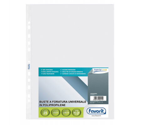 Buste forate Special PP Superior liscio - 23 x 33 cm - trasparente - conf. 25 buste - Favorit 100460065