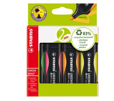 Evidenziatore Green Boss - punta a scalpello - tratto 2 - 5 mm - colori assortiti - plastica riciclata - astuccio 4 pezzi - Stabilo - 6070/4 - 4006381436854 - DMwebShop