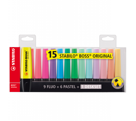 Evidenziatore Boss Original - punta a scalpello - tratto 2 - 5 mm - colori assortiti fluo + pastel - deskset 15 pezzi - Stabilo - 70715-01 - 4006381517478 - DMwebShop