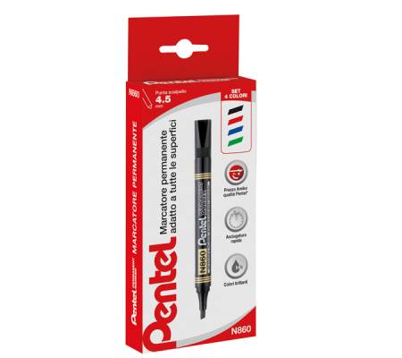 Marcatore permanente N860 - punta scalpello - astuccio 4 colori assortiti - Amiko - Pentel - 0100862 - 8006935008625 - DMwebShop