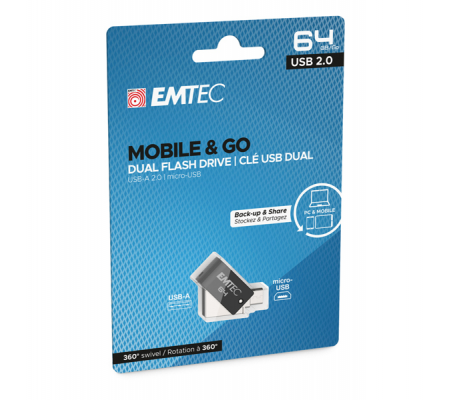 Dual USB 2.0 T260 - micro-USB - 64 Gb - Emtec - ECMMD64GT262B - 3126170173546 - DMwebShop