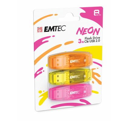 Memoria 3 pezzi USB 2.0 C410 - 8 Gb - NEON - Emtec - ECMMD8GC410P3NEO - 3126170171153 - DMwebShop