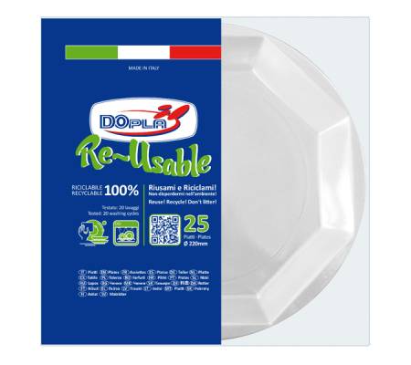 Piatto piano PS reuse - Ø 220 mm - bianco - conf. 25 pezzi - Dopla 12504 - 12507 - 8005090016490 - DMwebShop