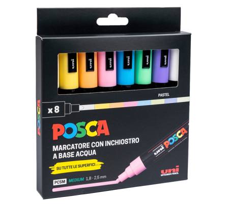 Marcatore Uni Posca PC5M - punta media 1,8 - 2,5 mm - colori assortiti pastel - conf. 8 pezzi - Uni Mitsubishi - M PC5MP 8P - 8007404249242 - DMwebShop