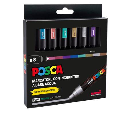 Marcatore Uni Posca PC5M - punta media 1,8 - 2,5 mm - colori assortiti metal - conf. 8 pezzi - Uni Mitsubishi - M PC5MM 8P - 8007404249211 - DMwebShop