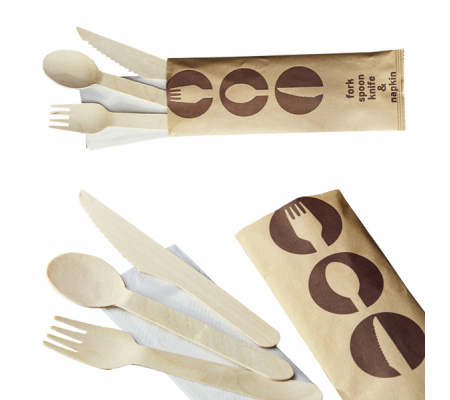 Tris posate in legno - 16 cm - con tovagliolo - conf. 48 pezzi - Leone - Q1030 - DMwebShop