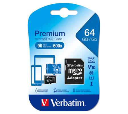 Micro SDXC Classe 10 fino a 45mb/sec - 64 Gb - Verbatim - 44084 - 23942440840 - DMwebShop