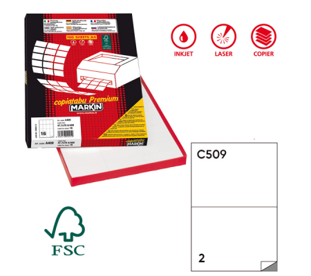 Etichetta adesiva C509 - permanente - 210 x 148,5 mm - 2 etichette per foglio - bianco - scatola 100 fogli A4 - Markin 210C509