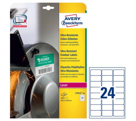 Etichette bianche in polietilene - per stampanti laser - 63,5 x 33,9 mm - 10 fogli - 24 etichetta per foglio - Avery - L7912-10 - 4004182068076 - DMwebShop