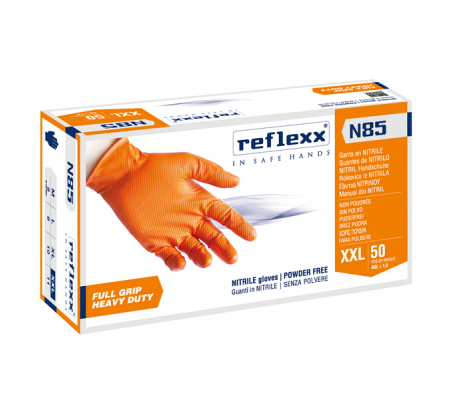 Guanti in nitrile N85 - ultra resistenti - tg XXL - arancione - conf. 50 pezzi - Reflexx - N85/XXL(11) - 8032891633854 - DMwebShop