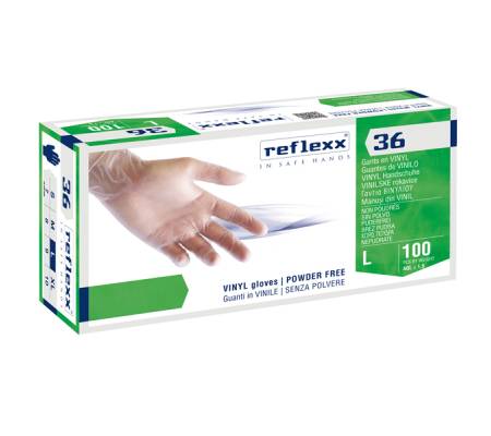 Guanti in vinile R36 - senza polvere - tg L - bianco - conf. 100 pezzi - Reflexx - R36/L(9) - 8032891631454 - DMwebShop