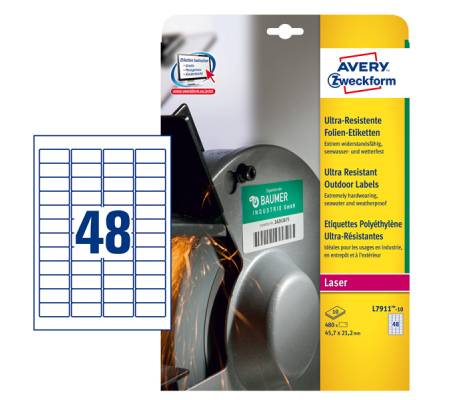 Etichette adesive - in PE - laser - permanenti - 45,7 x 21,2 mm - 48 etichette per foglio - 10 fogli - bianco - Avery - L7911-10 - 4004182068083 - DMwebShop