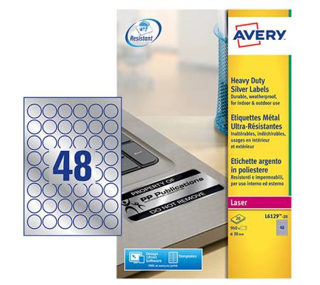 Etichetta in poliestere adesivo L6129 - permanenti - Ø 30 mm - 48 etic. per foglio - argento - conf. 20 fogli A4 - Avery - L6129-20 - 4004182048382 - DMwebShop