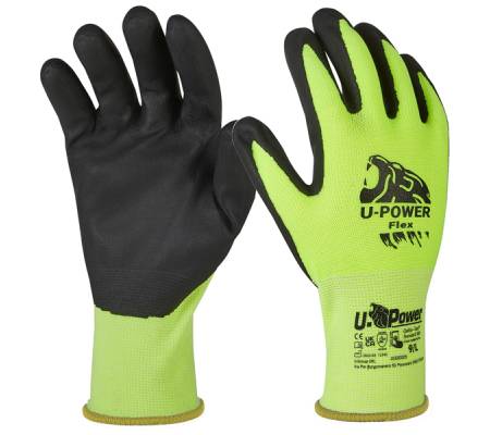 Guanti di protezione FLEX - con polsino giallo - taglia 08 - verde fluo-nero - conf. 12 pezzi - U-power - UG00005-08 - 8033546515877 - DMwebShop