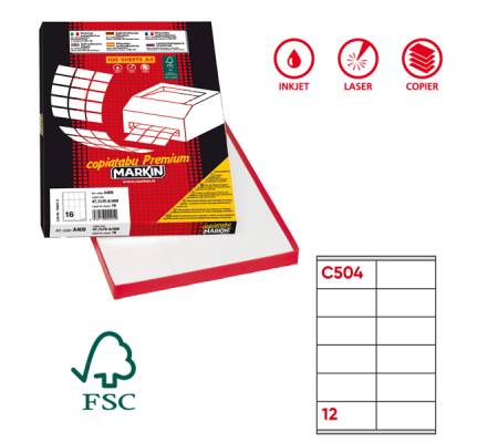 Etichetta adesiva C504 - carta - permanente - 105 x 48 mm - 12 etichette per foglio - bianco - scatola 100 fogli A4 - Markin - X210C504 - 8007047021892 - DMwebShop