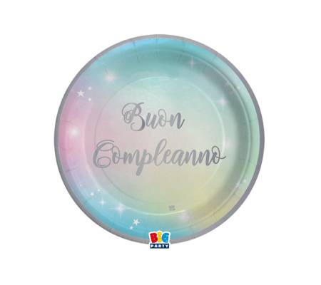 Piatto Soft Rainbow - Buon Compleanno - Ø 18 cm - carta - conf. 8 pezzi - Big Party - 74292 - 8020834742923 - DMwebShop