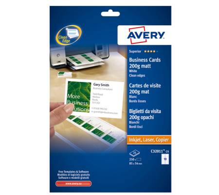 Biglietti da visita - 85 x 54 mm - 200 gr - effetto opaco - bianco - conf. 25 fogli da 10 biglietti - Avery - C32011-25 - 4004182247013 - DMwebShop