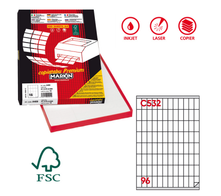 Etichetta adesiva C532 - permanente - 16,3 x 35,4 mm - 96 etichette per foglio - bianco - scatola 100 fogli A4 - Markin 210C532