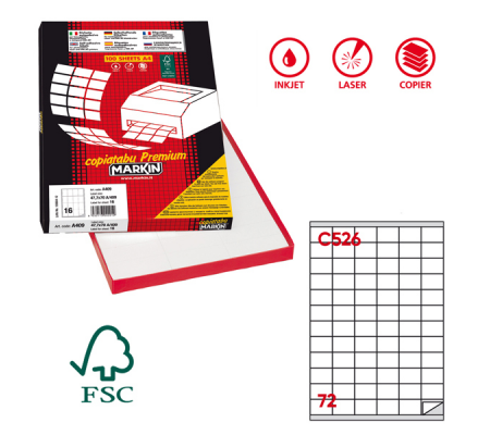 Etichetta adesiva C526 - permanente - 35 x 23,5 mm - 72 etichette per foglio - bianco - scatola 100 fogli A4 - Markin 210C526