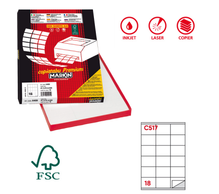 Etichetta adesiva C517 - permanente - 70 x 48 mm - 18 etichette per foglio - bianco - scatola 100 fogli A4 - Markin - 210C517 - 8007047048844 - DMwebShop