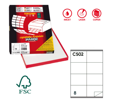 Etichetta adesiva C502 - permanente - 105 x 72 mm - 8 etichette per foglio - bianco - scatola 100 fogli A4 - Markin 210C502