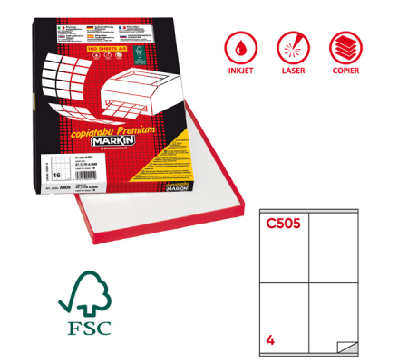 Etichetta adesiva C505 - permanente - 105 x 140 mm - 4 etichette per foglio - bianco - scatola 100 fogli A4 - Markin - 210C505 - 8007047021977 - DMwebShop