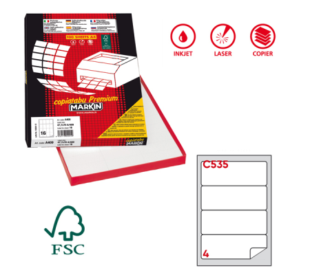 Etichetta adesiva C535 - permanente - con angoli arrotondati - 190 x 61 mm - 4 etichette per foglio - bianco - scatola 100 fogli A4 - Markin 210C535