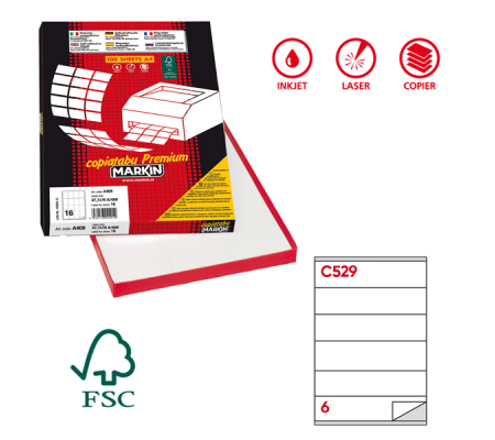Etichetta adesiva C529 - permanente - 210 x 48 mm - 6 etichette per foglio - bianco - scatola 100 fogli A4 - Markin 210C529