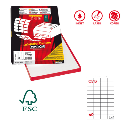 Etichetta adesiva C513 - permanente - 52,5 x 29,7 mm - 40 etichette per foglio - bianco - scatola 100 fogli A4 - Markin 210C513