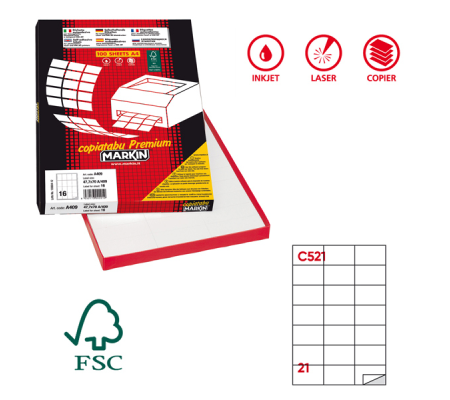 Etichetta adesiva C521 - permanente - 70 x 42,43 mm - 21 etichette per foglio - bianco - scatola 100 fogli A4 - Markin 210C521