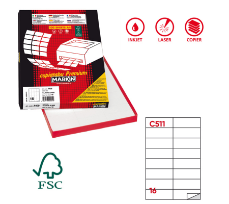 Etichetta adesiva C511 - permanente - 105 x 37,12 mm - 16 etichette per foglio - bianco - scatola 100 fogli A4 - Markin 210C511