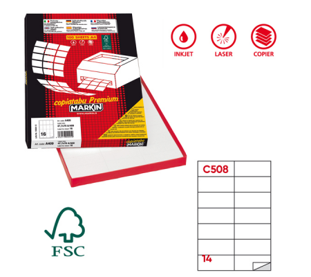 Etichetta adesiva C508 - permanente - 105 x 42,43Mm - 14 etichette per foglio - bianco - scatola 100 fogli A4 - Markin 210C508