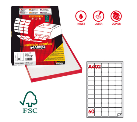Etichetta adesiva A402 permanente bianco - 37,5 x 23,5 mm - 60 etichette per foglio scatola - conf. 100 fogli A4 - Markin 210A402