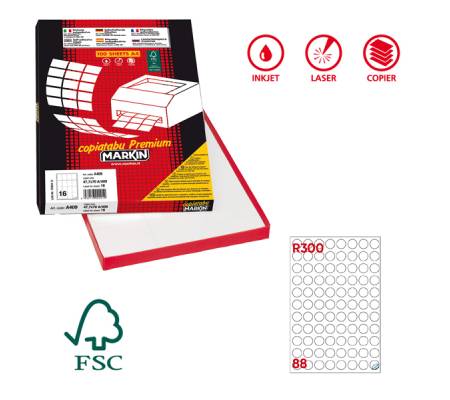 Etichetta adesiva R300 - permanente - tonda Ø 20 mm - 88 etichette per foglio - bianco - scatola 100 fogli A4 - Markin - X210R300 - 8007047024695 - DMwebShop
