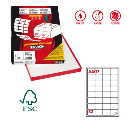 Etichetta adesiva A407 - permanente - 47,5 x 35 mm - 32 etichette per foglio - bianco - scatola 100 fogli A4 - Markin 210A407