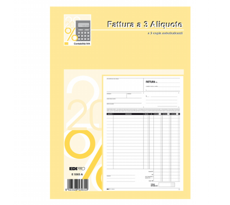 Blocco fatture 3 aliquota Iva - 50 fogli 2 copie autoricalcanti - 29,7 x 21 cm - Edipro E5303A