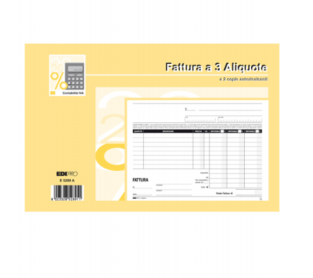 Blocco fatture 3 aliquote Iva - 50 fogli 2 copie autoricalcanti - 15 x 23 cm - Edipro E5289A