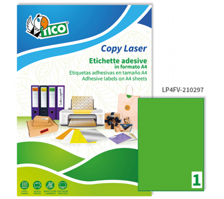 Etichetta adesiva LP4F - permanente - 210 x 297 mm - 1 etichetta per foglio - verde fluo - conf. 70 fogli A4 - Tico - LP4FV-210297 - 8007827270243 - DMwebShop