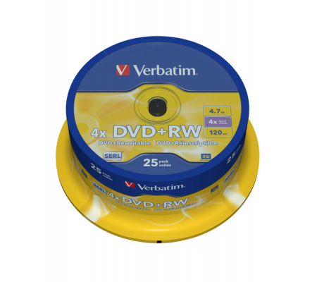 Scatola 25 DVD+RW - serigrafato Spindle - 4,7 Gb - Verbatim - 43489 - 023942434894 - DMwebShop