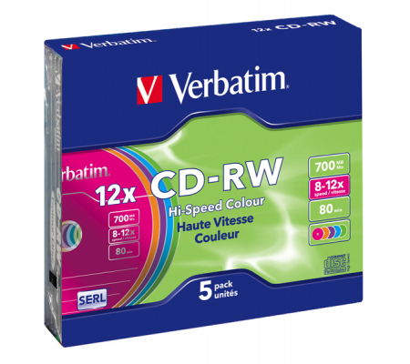 Scatola 5 CD-RW DataLife Plus - slim case - 8X-10X - serigrafato colorato - 700Mb - Verbatim 43167