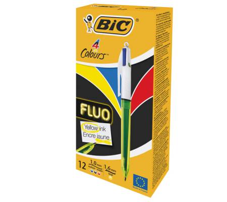 Penna a sfera a scatto multifunzione 4 Colors Fluo - punta 1,0 - 1,6 mm - 4 colori fluo - fusto giallo fluorescente - conf. 12 pezzi - Bic - 982868 - 3086123415263 - DMwebShop