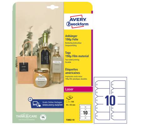 Cartellino stampabile - plastica 190 micron - con angoli tagliati - laser - 90 x 50 mm - 10 cart/fg - 10 fogli - bianco - Avery - T3002-10 - 4004182335376 - DMwebShop