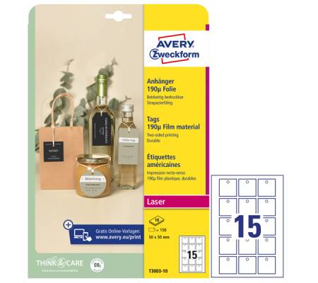 Cartellino stampabile resistente - plastica 190 micron - laser - 50 x 50 mm - 15 pezzi per foglio - 10 fogli - bianco - Avery - T3003-10 - 4004182335383 - DMwebShop