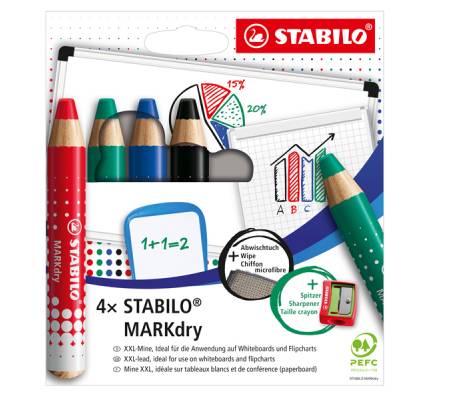 Matitoni Markdry per lavagne - con temperino e panno microfibra - astuccio 4 pezzi - Stabilo - 648/4 - 4006381582520 - DMwebShop