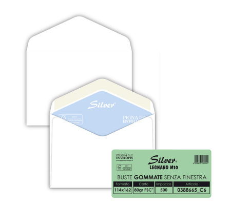 Busta Busta Silver FSC - senza finestra - gommata - 11,4 x 16,2 cm - 80 gr - bianco - conf. 500 pezzi - Pigna - 0388665C6 - 8006873109941 - DMwebShop