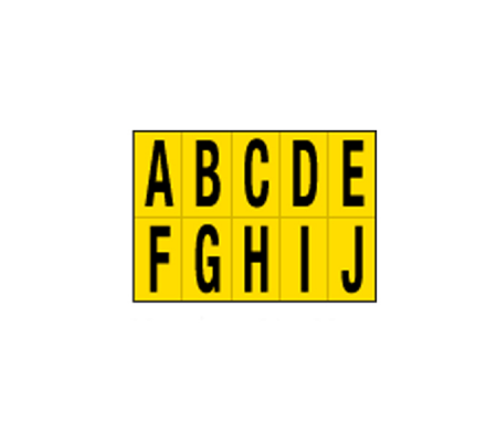 Lettere adesive da A a J - in PVC - 56 x 99 mm - 10 etichette per foglio - 1 foglio - nero-giallo - Cartelli Segnalatori - 905AJ - DMwebShop