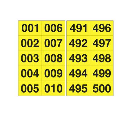 Numero adesivo da 001 a 500 - 45 x 24 mm - 10 etichette per foglio - 50 fogli - nero-giallo - Cartelli Segnalatori - 908.25 - 8409082101841 - DMwebShop